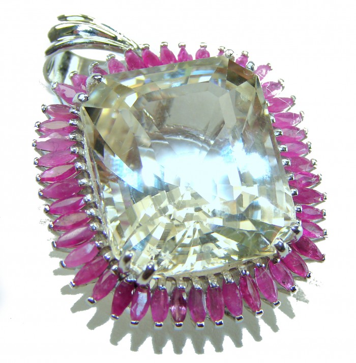 Costa del Sol 21.1 carat Lemon Quartz Ruby rhodium over .925 Sterling Silver handcrafted pendant - Close-up of Costa del Sol Lemon Quartz and Ruby pendant.