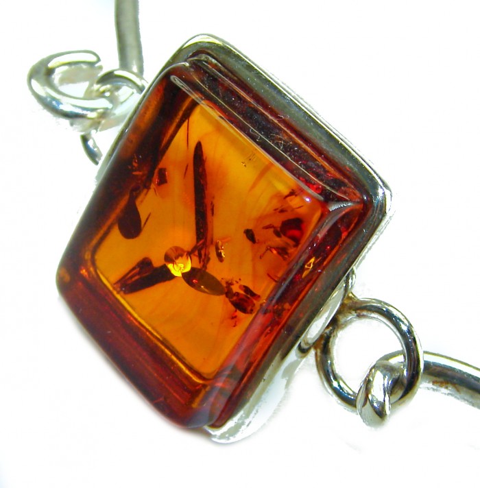 Genuine Baltic Amber .925 Sterling Silver handamde Bracelet / Cuff - Close-up of square Baltic amber in sterling silver bracelet setting.