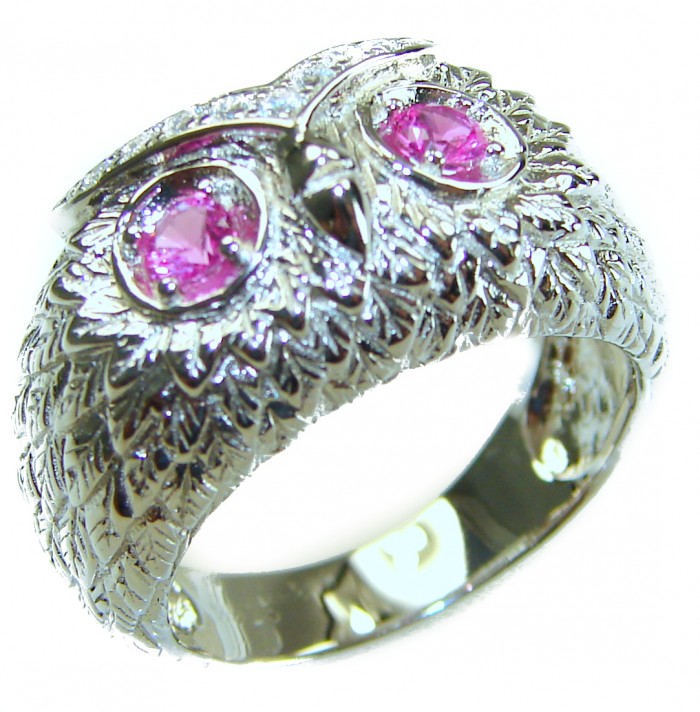 Owl 2.1 carat Pink Tourmaline Eyes .925 Sterling Silver dipped in real Gold handmade Ring size 8 - Owl ring with pink tourmaline eyes, detailed front view, sterling silver.
