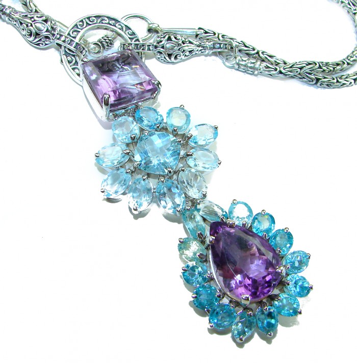 Mademoiselle - 78.5 carat natural Amethyst Swiss Blue Topaz .925 Sterling Silver dipped in Rhodium handcrafted Necklace - Close-up of Mademoiselle necklace with amethyst and Swiss blue topaz.
