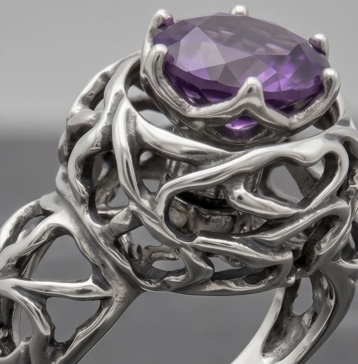 20.5 carat Amethyst .925 Sterling Silver Handcrafted Brutalist Ring size 8 1/2 - Close-up of amethyst stone with intricate silver band design.