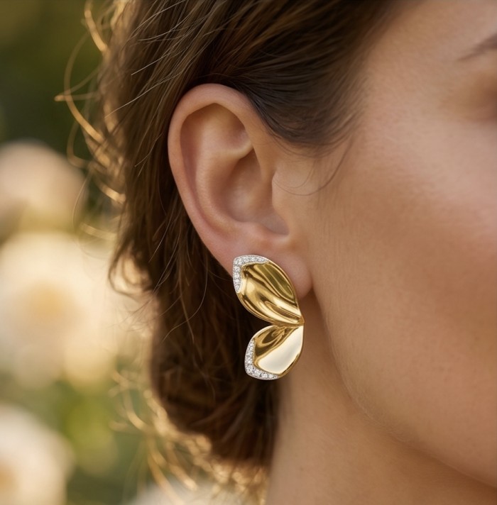 Lotus White Topaz highly polished 18K Gold over .925 Sterling Silver Italy made Earrings - Close-up of Lotus White Topaz gold earrings worn on ear