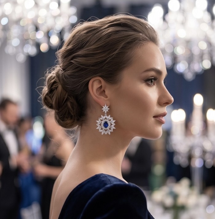 Art Deco - Incredible genuine 8.5 CARAT Sapphire .925 Sterling Silver handcrafted Earrings - Side view of woman wearing Art Deco 8.5 CARAT Sapphire earrings.