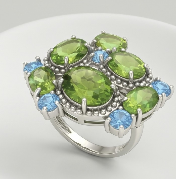 Purity 14.9 carat authentic Himalayan Peridot .925 Sterling Silver Handcrafted Statement Ring size 7 - Top view of sterling silver ring with green peridot and blue stones.