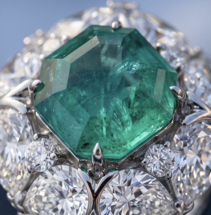 Elizabeth princess cut 14.8 carat Colombian Emerald 12.3 carat Moissanite .925 Sterling Silver dipped in Rhodium handcrafted Ring size 6 - Close-up of Elizabeth princess cut emerald with diamond accents.