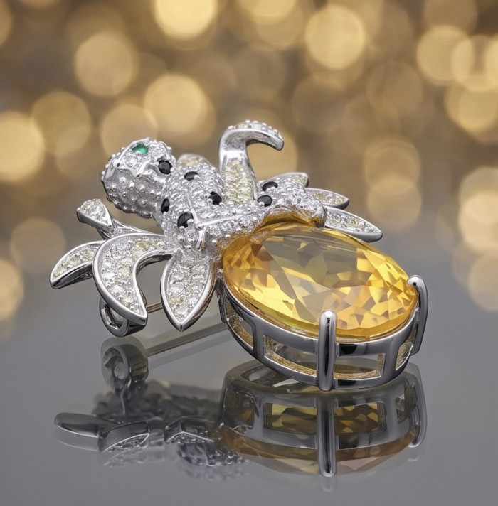 Yellow Cheetah authentic 12.5 carat yellow Sapphire .925 Sterling Silver Handcrafted pendant brooch - Close-up of cheetah brooch with yellow sapphire and diamond accents