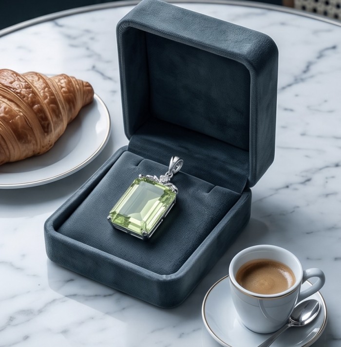 Green Ivy 12.9 carat Lemon Quartz .925 Sterling Silver dipped in rhodium handcrafted pendant - Green Ivy Lemon Quartz pendant in open box, top view with coffee and croissant.