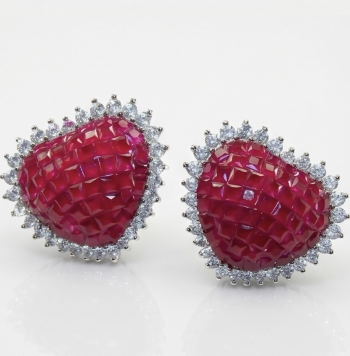 Precious Angel's Hearts mystery setting 11.8 carat Ruby .925 Sterling Silver earrings - Heart-shaped rubies with diamond borders, front view.