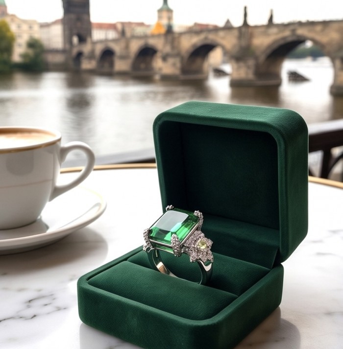 Esperanza - Luxurious baguette cut 22.7 carat Emerald rhodium over .925 Sterling Silver handcrafted Ring s. 7 - Emerald ring with baguette cut in green box, river view in background
