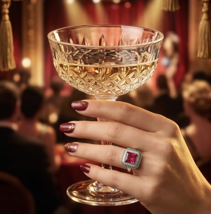 Bella Rosa Genuine 4.8 CARAT Star Ruby rhodium over .925 Sterling Silver Statement Ring size 8 - Worn on hand, Bella Rosa 4.8 CARAT Star Ruby ring with a drink.