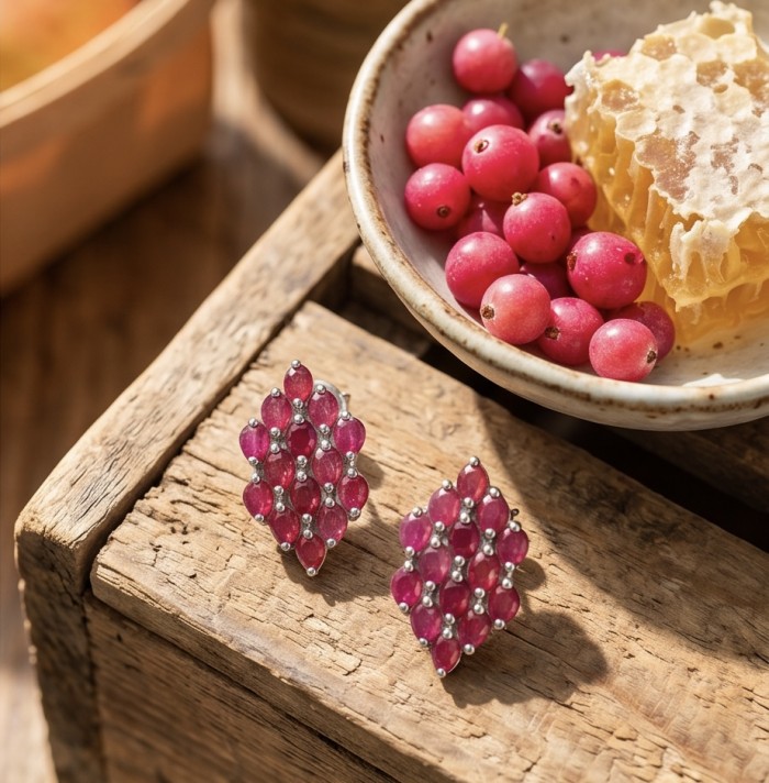 Giuseppina - Magnificent 10.8 carat authentic Ruby rhodium over .925 Sterling Silver handcrafted Statement earrings - Ruby earrings with honeycomb and berries, top view on wood surface