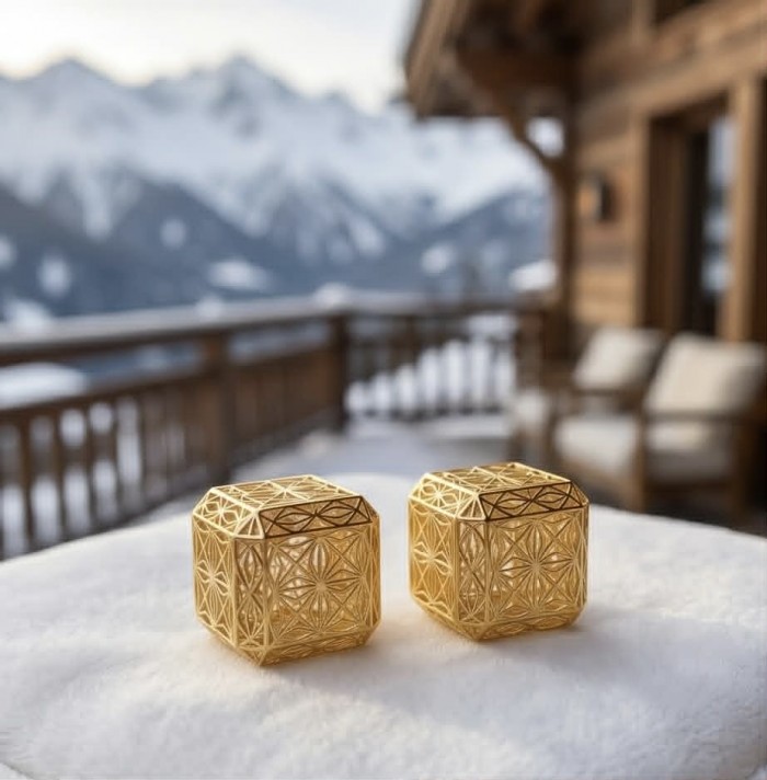Black Label Collection -golden cubes- Dubai Style - Natural 22K Gold over .925 Sterling Silver handmade earrings - Golden cubes on snowy surface with mountain backdrop, side view.