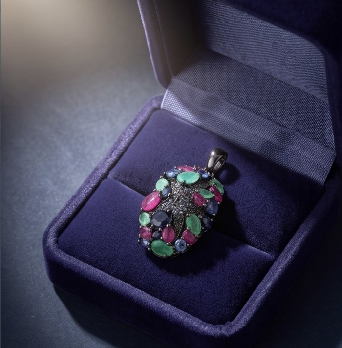 Vintage Beauty 10.7 carat Emerald Ruby Sapphire Black Rhodium over .925 Sterling Silver handcrafted pendant - Vintage pendant in box, top view showing emeralds, rubies, sapphires.
