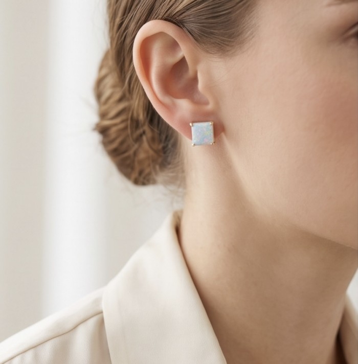 2.2 carat Australian Blue Opal 14K Gold over .925 Sterling Silver incredible handcrafted Earrings - Side view of 2.2 carat Australian Blue Opal earring worn on ear.
