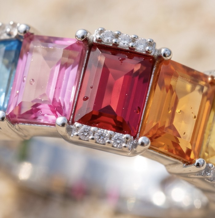 My own Rainbow - authentic 8.7 carat Topaz .925 Sterling Silver Ring size 6 - Close-up of a rainbow topaz ring in .925 sterling silver.