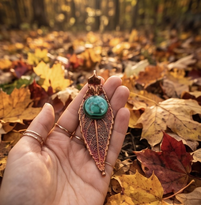 Stylish REAL Leaf dipped in Rose Gold 10.5 carat Malachite .925 Sterling Silver Pendant - Leaf necklace with malachite stone held in hand, autumn leaves background.