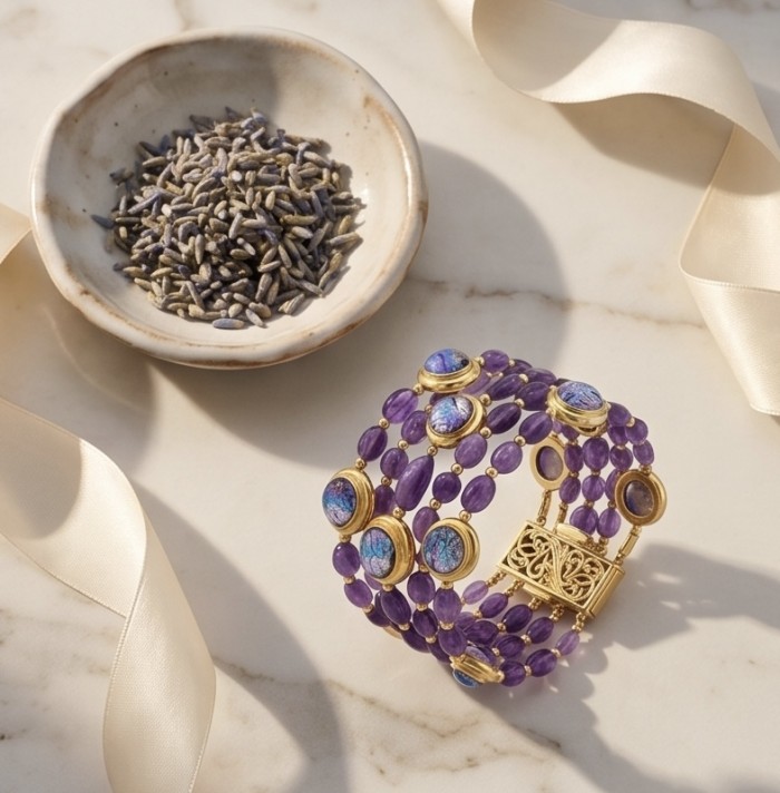 Baroque Style Beauty 39.5 carat Amethyst 14K Gold over .925 Sterling Silver handcrafted Bracelet - Baroque style amethyst bracelet with gold clasp detail on marble background.