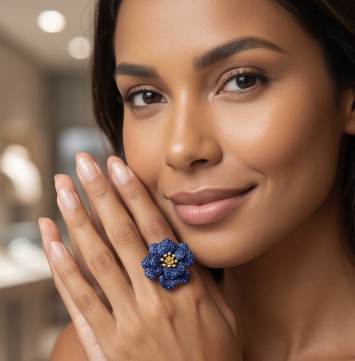 Blue Rose 22.5 carat Sapphire black rhodium over 18K Gold .925 Sterling Silver handcrafted ring size 8 1/2 - Model wearing Blue Rose 22.5 carat Sapphire ring on hand close-up