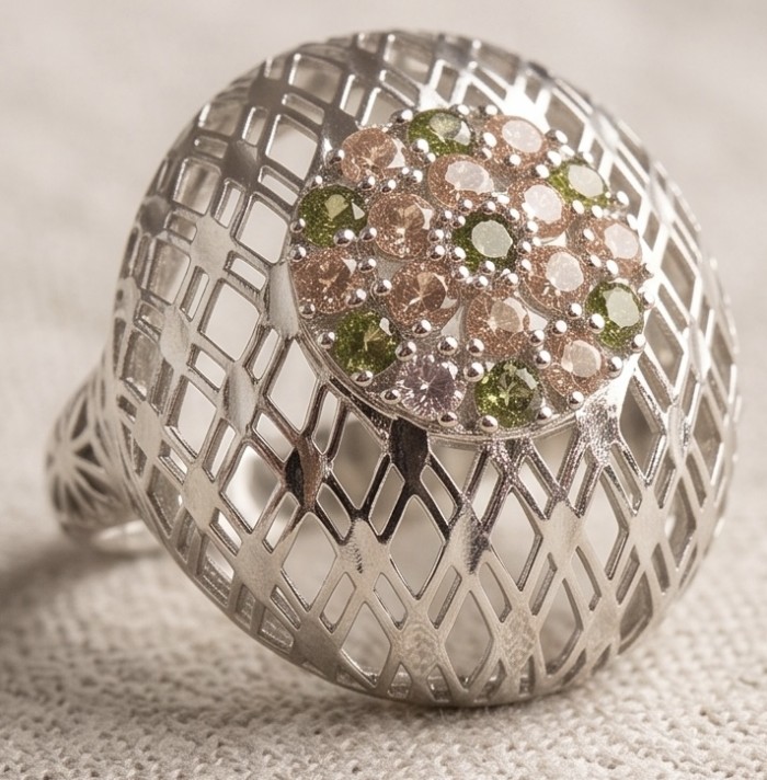 Casablanca Italy made 1.8 carat Morganite Peridot .925 Sterling Silver brilliantly handcrafted ring s. 7 - Side view of Casablanca Italy 1.8 carat Morganite Peridot ring.