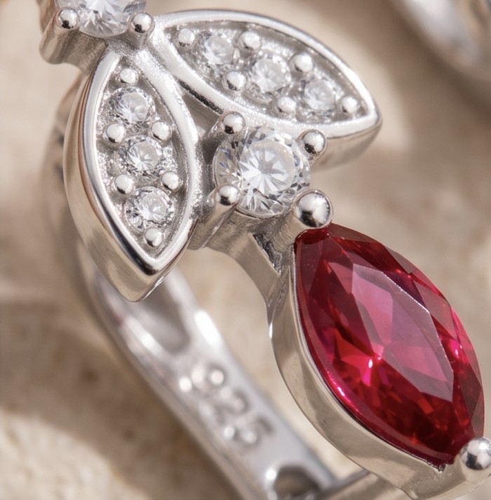 Giovanna - Magnificent Jewel 4.2 carat Ruby .925 Sterling Silver handcrafted incredible Statement earrings - Close-up of Giovanna ruby ring with sterling silver and diamonds.