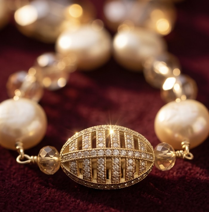 Incredible 34 inches long Red Topaz 10K Gold over .925 Sterling Silver handmade Necklace - Close-up of a Red Topaz and Gold Bead Necklace on velvet background