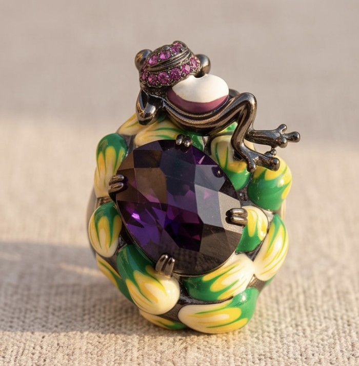 Lucky Frog 18 carat Amethyst Enamel black rhodium over .925 Sterling Silver HUGE Ring s. 8 3/4 - Close-up of Lucky Frog ring with amethyst and enamel details.