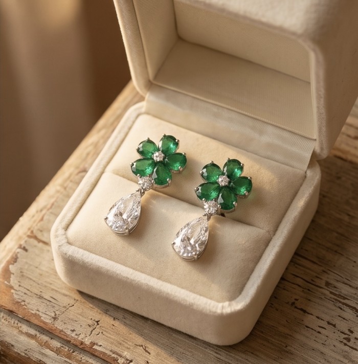 Tiffany - Authentic 14.8 CARAT Siberian Chrome Diopside rhodium over .925 Sterling Silver handcrafted earrings - Earrings in box, front view, green stones with teardrop gems.