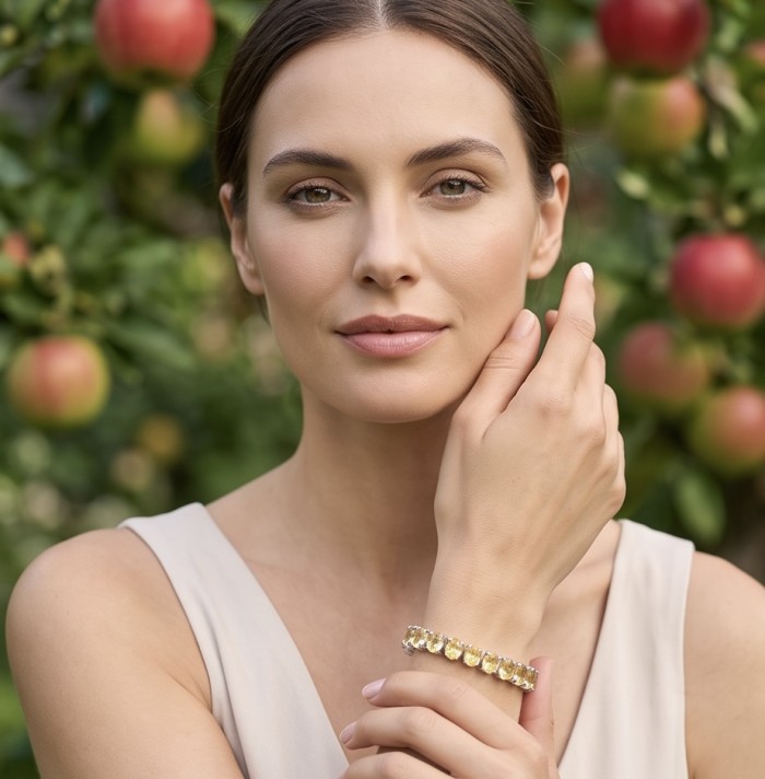Enchanted Beauty oval cut 68.5 carat authentic Brazilian Citrine rhodium over .925 Sterling Silver handcrafted Bracelet - Woman wearing Enchanted Beauty bracelet with oval cut Brazilian Citrine