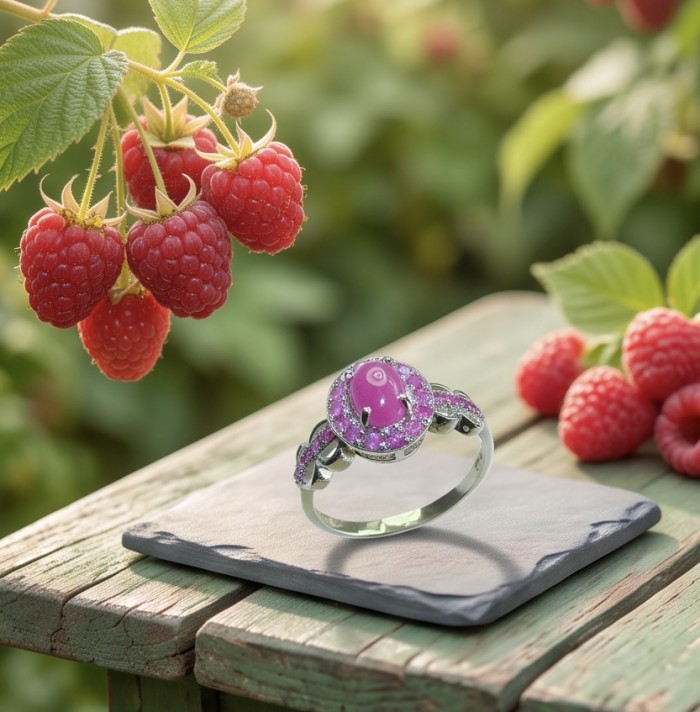 Scarlett 3.7 ctw Mozambique Ruby .925 Sterling Silver handcrafted Statement Ring size 9 - Ruby ring with raspberries, stone close-up on a slate platform