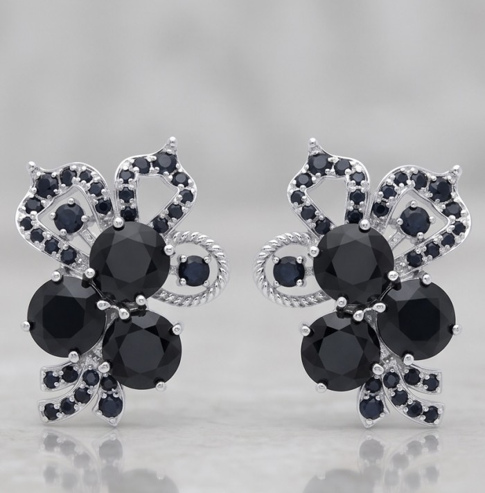 Vintage Style 14.7 carat Sapphire Rhodium over .925 Sterling Silver handcrafted earrings - Close-up of vintage style sapphire earrings with intricate details