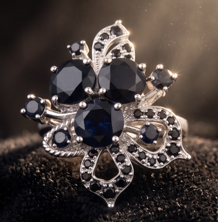 Vintage Style 12.7 carat Sapphire Rhodium over .925 Sterling Silver handcrafted ring size 8 - Close-up of vintage-style sapphire ring with intricate detailing