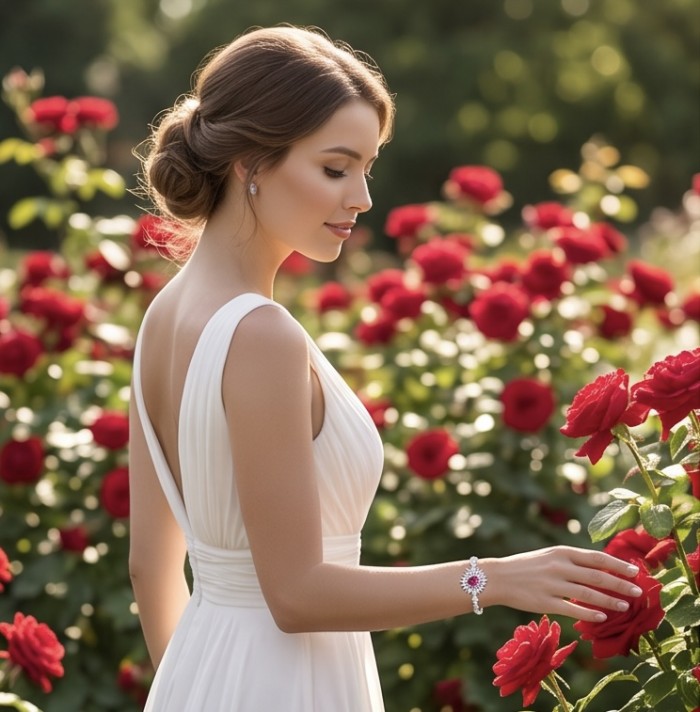 Luxurious 2.8 carat natural Mozambique Ruby .925 Sterling Silver Statement Bracelet - Ruby bracelet worn on wrist, surrounded by red roses in garden.