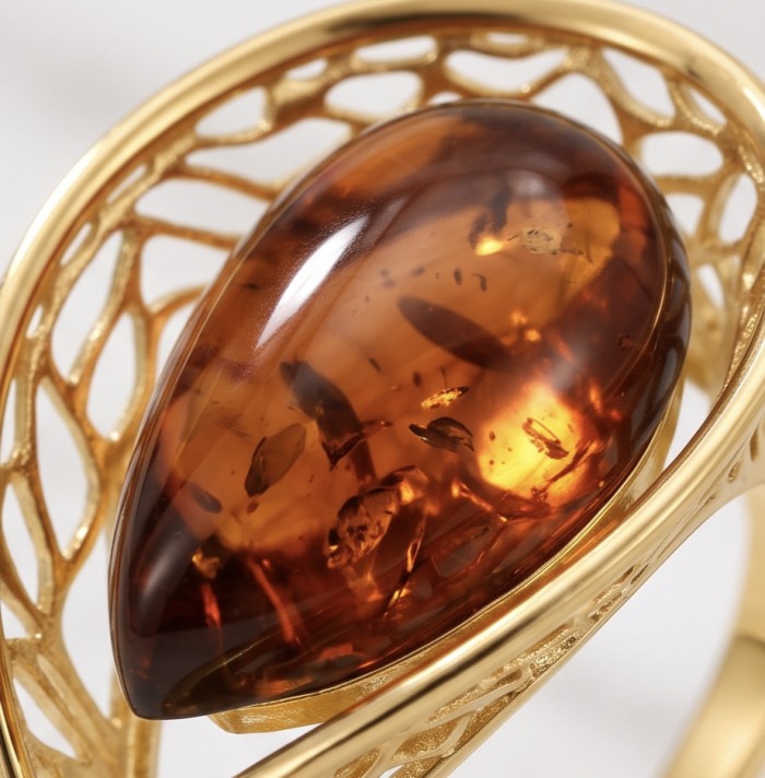 Authentic Baltic Amber 14K Gold over .925 Sterling Silver handcrafted ring; s. 7 adjustable - Close-up of Baltic amber in a gold filigree setting