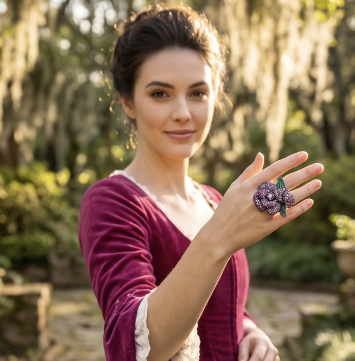 Wild Roses Authentic 3.5 carat pave Ruby 1.9 carat Emerald .925 Sterling Silver brilliantly dipped in black rhodium handcrafted Statement ring; s. 8 1/4 - Woman wearing Wild Roses ring; close-up view outdoors.