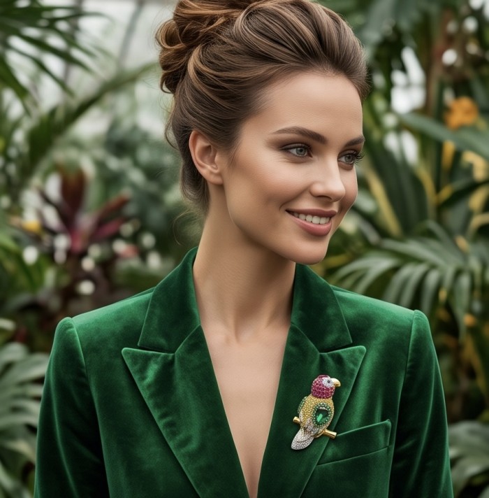 Exotic Parrot - 10.8 carat pave Ruby Emerald Sapphire 22K Gold over .925 Sterling Silver rhodium over handcrafted Brooch - Woman wearing Exotic Parrot brooch on green velvet blazer, side view