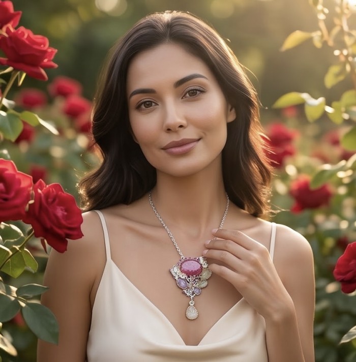 Serenity Luxurious 81.5 carat natural Mozambique Ruby .925 Sterling Silver .925 Sterling Silver Statement Necklace - Woman wearing Serenity necklace with Mozambique Ruby, surrounded by roses.