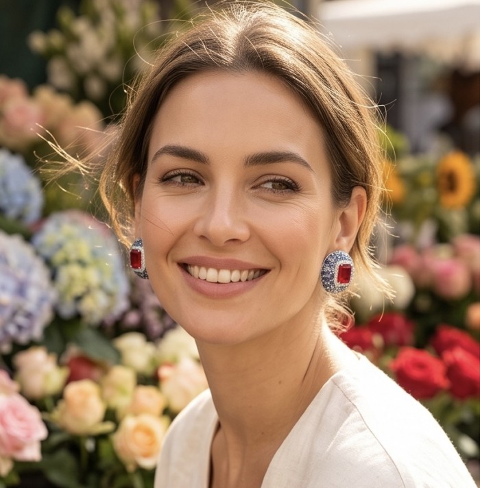 Giovanna - Magnificent Jewel - 15.2 carat Kashmir Ruby 4.8 pave Sapphire .925 Sterling Silver dipped in rhodium handcrafted incredible Statement earrings - Woman wearing Giovanna earrings with Kashmir ruby, floral background