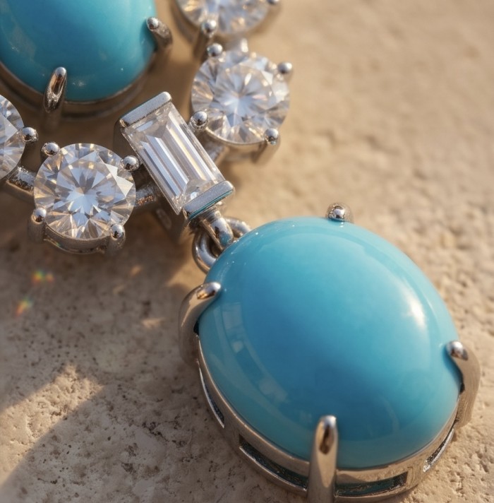 Great quality authentic Sleeping Beauty Turquoise rhodium over .925 Sterling Silver handcrafted Earrings - Close-up of turquoise and diamond jewelry detailing.