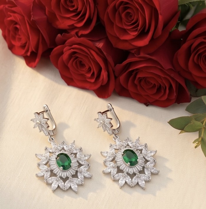 Ofelia - Authentic 5.5 CARAT natural Colombian Emerald .925 Sterling Silver handcrafted earrings - Emerald earrings with rose background, top view.