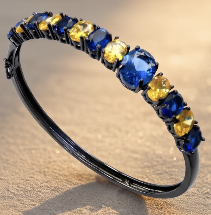 7.8 carat yellow Sapphire 9.2 carat Sapphire black rhodium over over .925 Sterling Silver handmade bangle Bracelet - Side view of bracelet with blue and yellow sapphires on black rhodium.