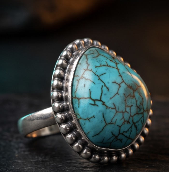 Rare authentic Turquoise rhodium over .925 Sterling Silver handcrafted Large ring; s. 9 - photo 4