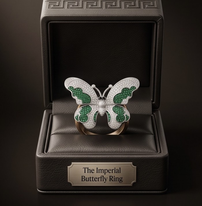 Precious Butterfly Genuine pave 6.5 carat Emerald .925 Sterling Silver handmade LARGE Statement Ring size 6 1/2 - Front view of butterfly ring with emerald and diamond pavé detailing.