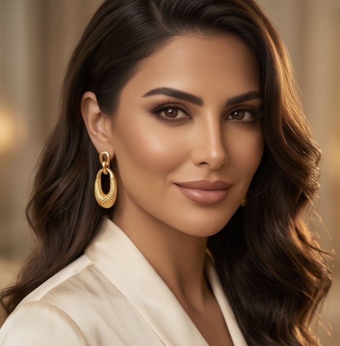 Dubai Style - .925 Sterling Silver dipped in 22K Gold handmade Earrings - Woman wearing gold-plated oval earrings, side profile close-up.