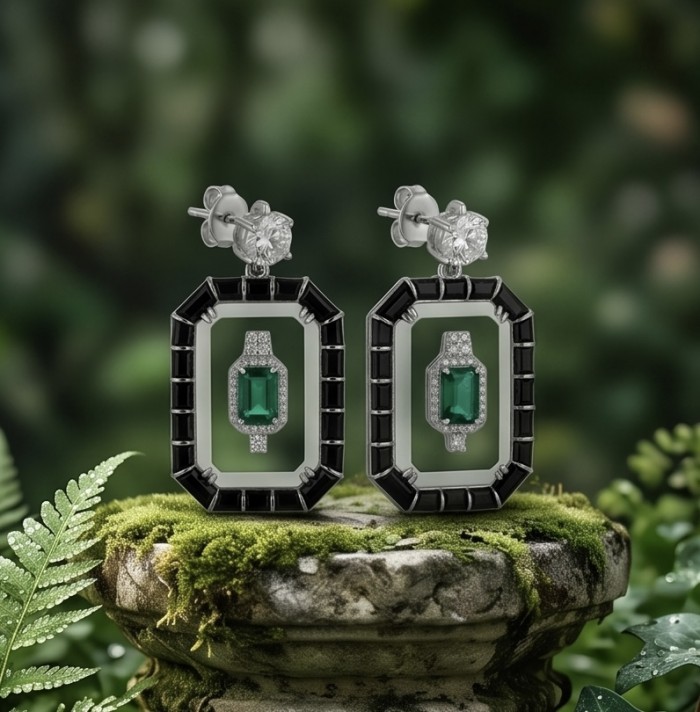 Art Deco - Magnificent Jewel 6.5 carat Colombian Emerald Enamel .925 Sterling Silver dipped in Rhodium handcrafted earrings - Art Deco emerald earrings on mossy stone, front view.