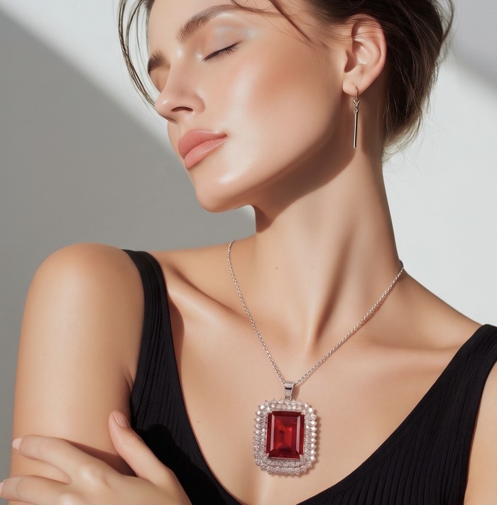Rare finding! Deluxe 51.2 carat authentic emerald cut Kashmir Ruby rhodium over .925 Sterling Silver handmade Statement Pendant - Woman wearing emerald cut red pendant necklace, side profile view.