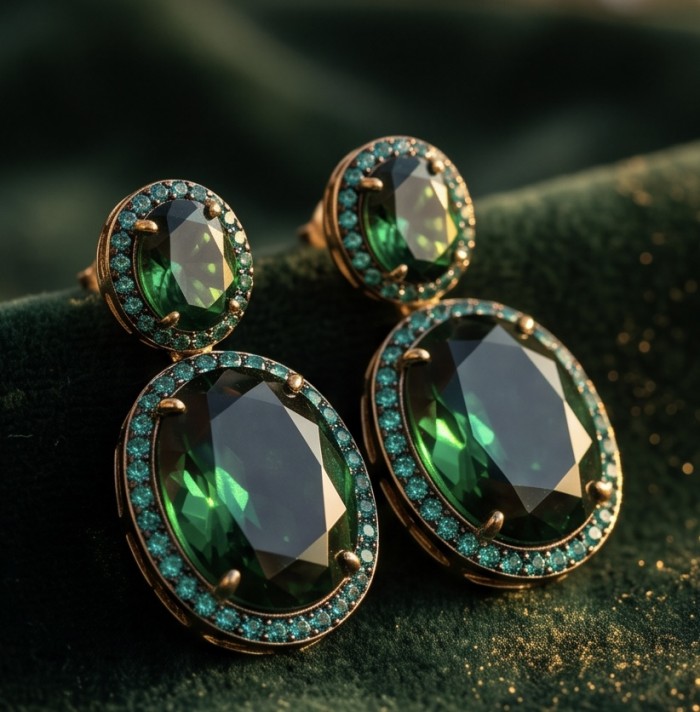 Green Cascade - 12.5 carat Green Topaz 14K Gold over .925 Sterling Silver handmade Statement earrings - Close-up of Green Cascade earrings with green topaz and gold setting.