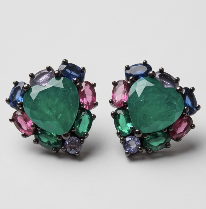 Love is Forever 6.2 carat Colombian Emerald .925 Sterling Silver dipped in black rhodium handmade Statement Earrings - Colorful gemstone earrings with heart-shaped emeralds, front view.