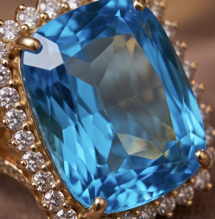 The Ocean Empress 47.8 carat Swiss Blue Topaz 22K Gold over .925 Sterling Silver handcrafted ring size 5 1/2 - Close-up of The Ocean Empress blue topaz with gold and diamonds.