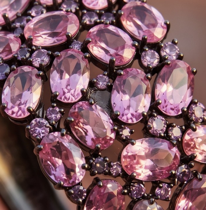 Luxurious 45.4 carat Pink Sapphire 1.8 carat Tanzanite 8.2 carat Rose Quartz black rhodium over .925 Sterling Silver handcrafted Bracelet - Close-up of pink sapphires and tanzanites in a luxurious jewelry design.