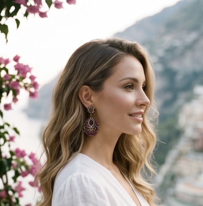 Isabella - 5.9 carat natural Pink Tourmaline 3.1 carat Green Tourmaline black rhodium over .925 Sterling Silver handmade Statement earrings - Side view of woman wearing Isabella earrings with pink tourmaline.